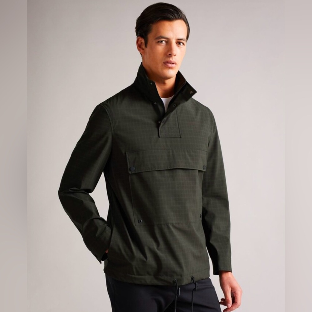 Ted Baker Checked Overhead Funnel Neck Jacket, Size 6, Khaki